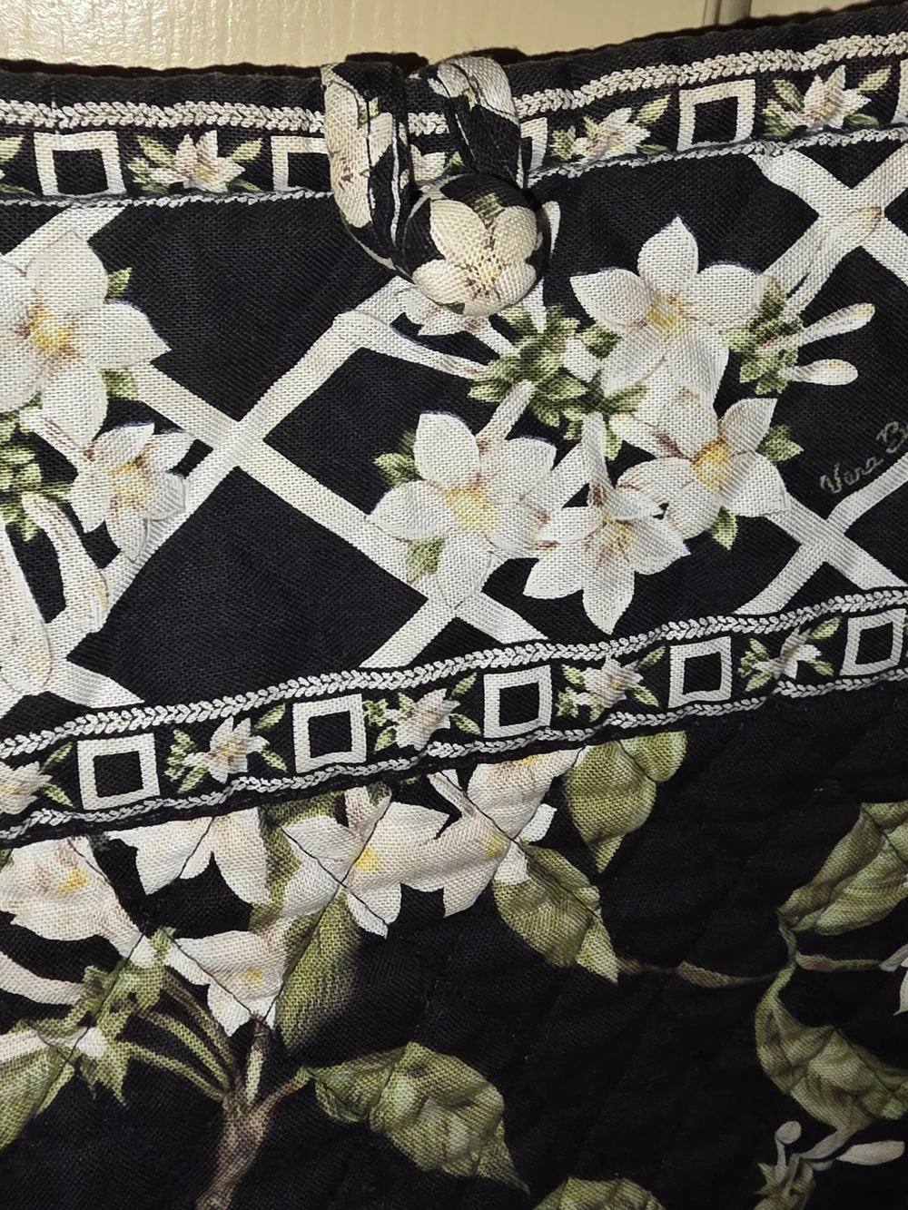 Vera Bradley Floral Quilted Black Tote Bag with White Blossom Print